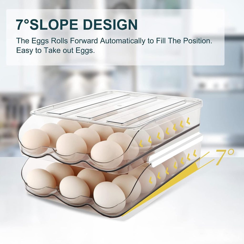 MesRosa Large Capacity Egg Holder for Refrigerator, Automatically Rolling Egg Storage Container for Refrigerator,Egg Organizer for Fridge with Lid,Clear Plastic Egg Dispenser,Egg Tray  Box -3 Layer