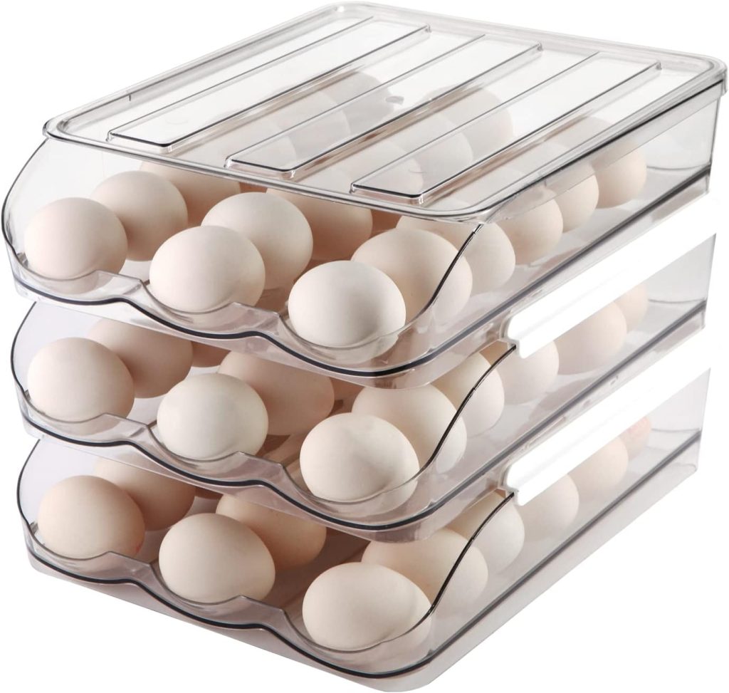 MesRosa Large Capacity Egg Holder for Refrigerator, Automatically Rolling Egg Storage Container for Refrigerator,Egg Organizer for Fridge with Lid,Clear Plastic Egg Dispenser,Egg Tray  Box -3 Layer