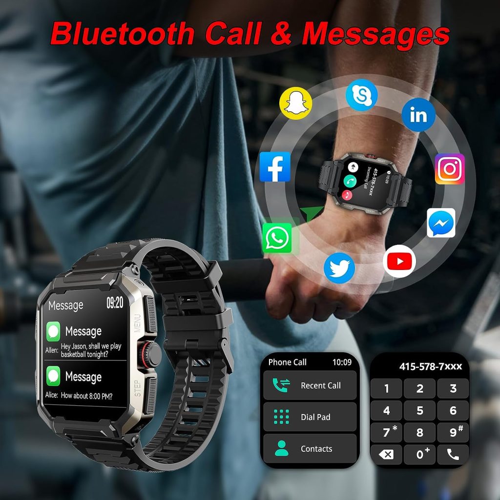 Military Smart Watches for Men, 1.85 HD Display 400mAh Rugged Smartwatch with Bluetooth Call Tactical IP68 Waterproof Smart Watch Outdoor Fitness Tracker with Heart Rate Monitor for iOS Android Phone