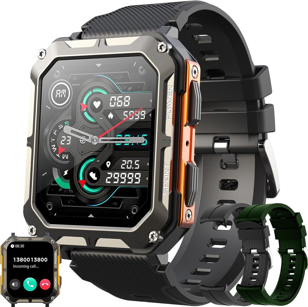 Military Smart Watches for Men IP68 Waterproof Bluetooth Call(Answer/Dial Calls) 1.83 Tactical Outdoor Sports Fitness Watch Tracker with Blood Pressure Heart Rate Monitor for Android iOS (Orange)