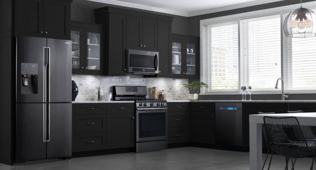 Modern Kitchen with Black Cabinets and White Appliances