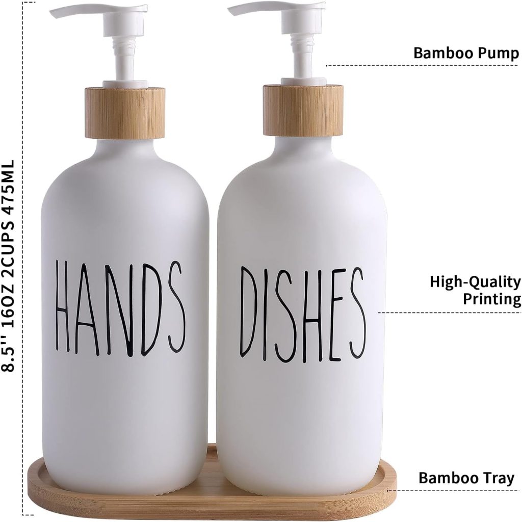 MOMEEMO White Soap Dispenser Set, Contains Glass Hand /Dish Soap Dispenser, Suitable for Farmhouse Decor, Rustic Kitchen Decor. (White)
