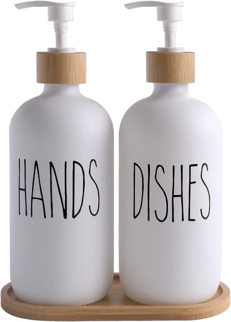 MOMEEMO White Soap Dispenser Set, Contains Glass Hand /Dish Soap Dispenser, Suitable for Farmhouse Decor, Rustic Kitchen Decor. (White)
