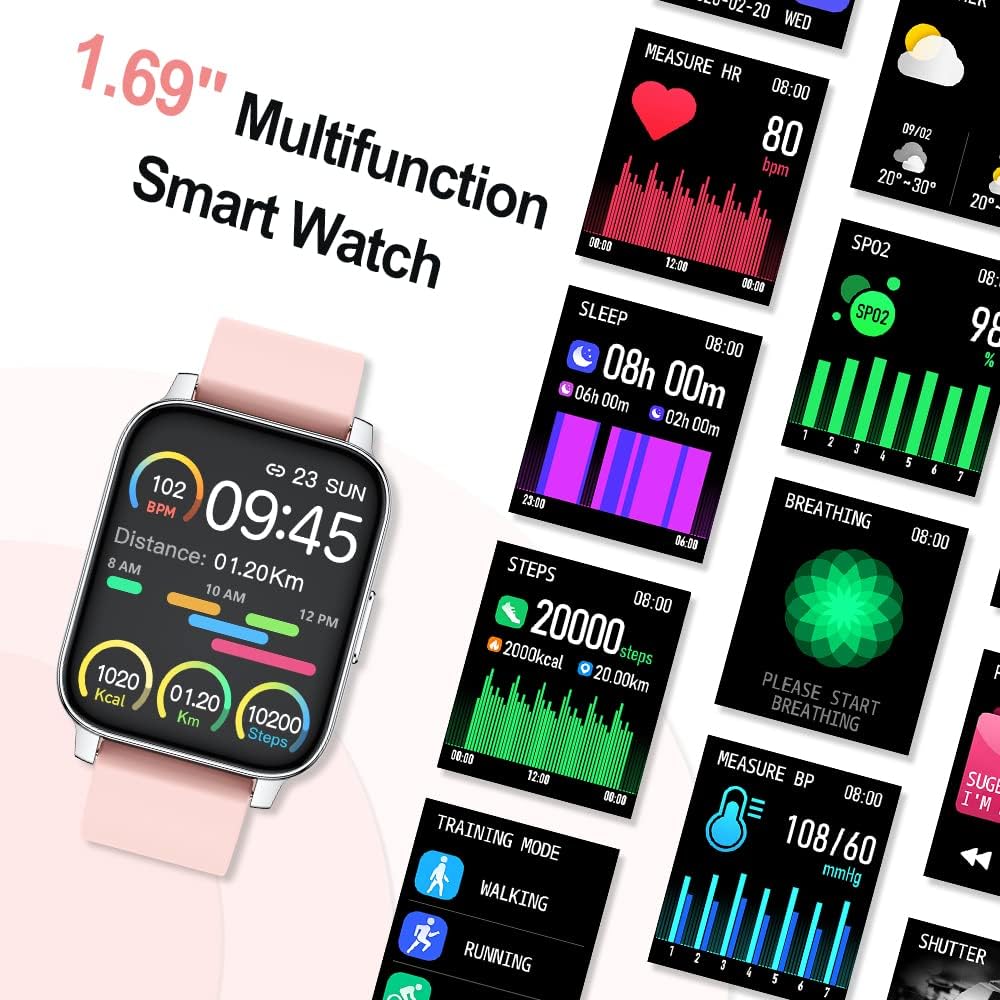 MuGo Smart Watch for Men Women, 1.69 Fitness Tracker, Smartwatch with Heart Rate/Sleep Monitor, Calorie/Step Counter Activity Tracker, Stopwatch, Blood Oxygen Monitor, Full Touch Fitness Watch 2022
