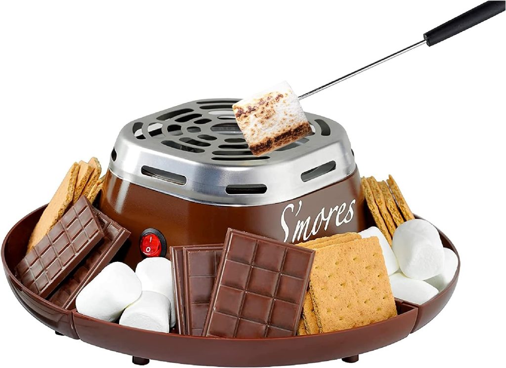 Nostalgia Tabletop Indoor Electric Smores Maker - Smores Kit With Marshmallow Roasting Sticks and 4 Trays for Graham Crackers, Chocolate, and Marshmallows - Movie Night Supplies - Brown