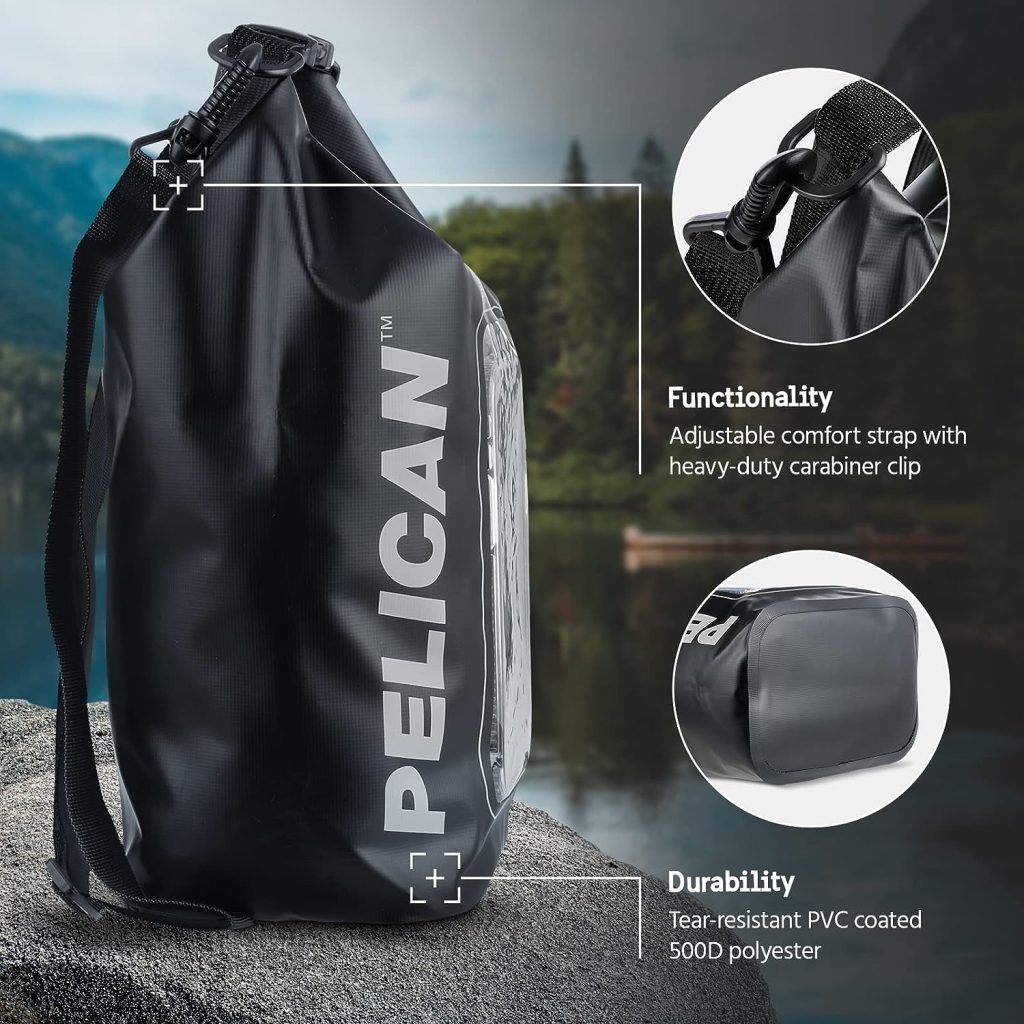 Pelican Marine IP68 Waterproof Dry Bag 5L - Roll Top Waterproof Backpack w/Phone Case/Pouch - Boating  Kayak Accessories - Essentials for Camping Swimming Beach Fishing Rafting Travel - Black