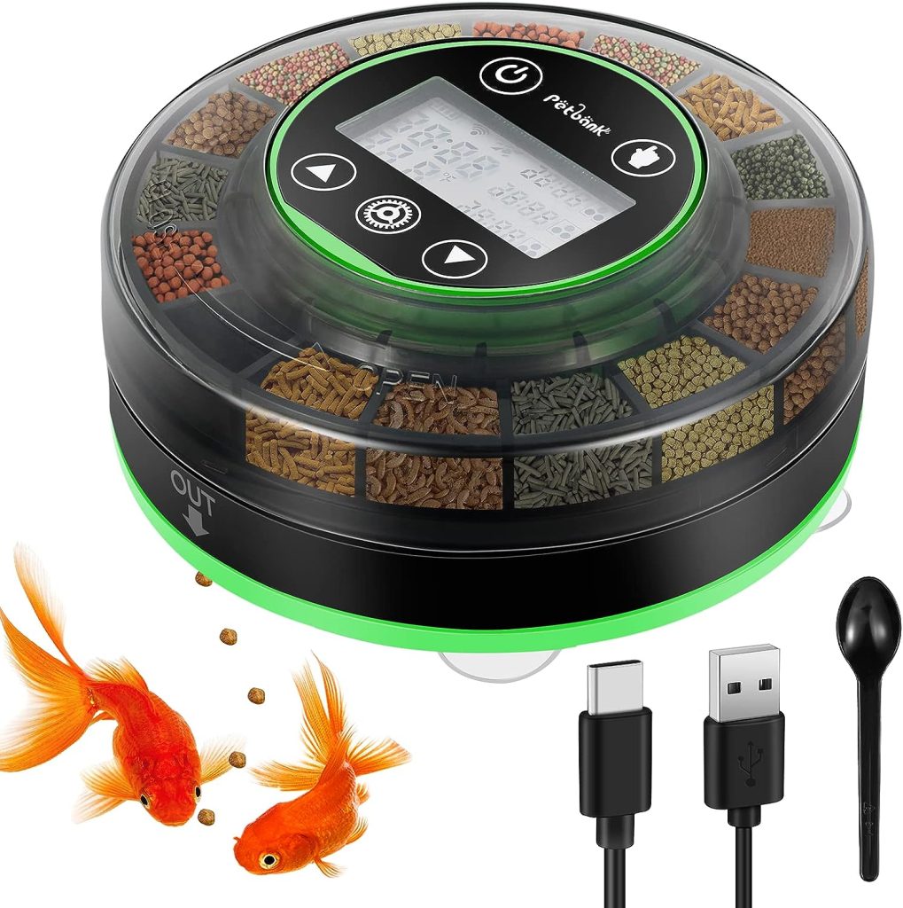 Petbank Automatic Fish Feeder for Aquarium - Rechargeable Fish Feeder Automatic Dispenser with Timer, Moisture-Proof and Precise Feeding Auto Fish Feeder for Vacation with USB Cable, LCD Display