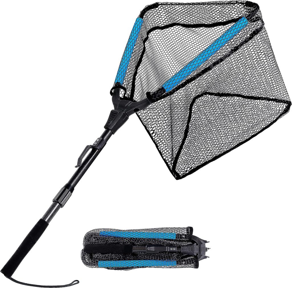 PLUSINNO Fishing Net Fish Landing Net, Foldable Collapsible Telescopic Pole Handle, Durable Nylon Material Mesh, Safe Fish Catching or Releasing