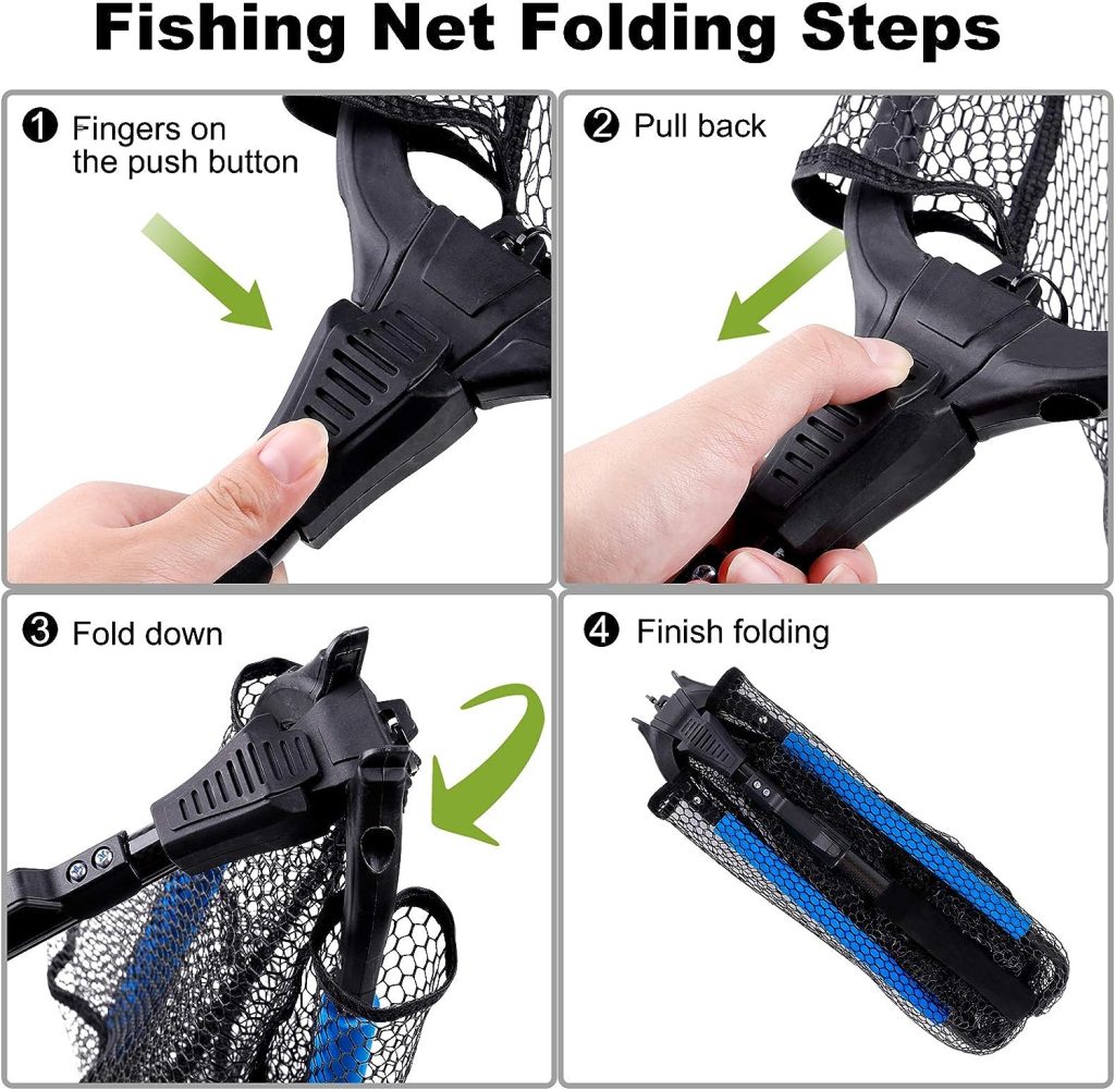 PLUSINNO Fishing Net Fish Landing Net, Foldable Collapsible Telescopic Pole Handle, Durable Nylon Material Mesh, Safe Fish Catching or Releasing