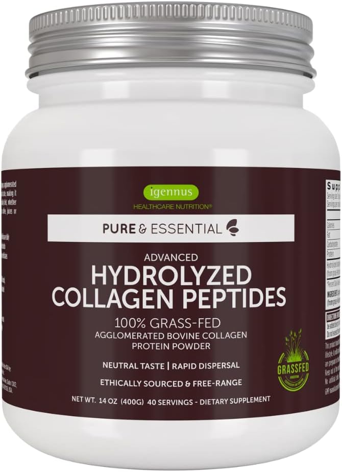 Pure  Essential 100% Grass Fed Bovine Collagen Powder, Advanced Hydrolyzed Collagen Peptides, Collagen Types 1, 2  3, Non-GMO, Free Range, Gluten  Dairy Free, Easy Mix, 40 Servings