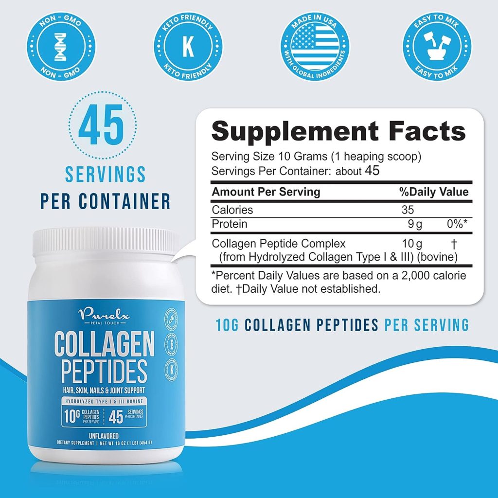 PureLx Collagen Peptides Powder - Unflavored Hydrolyzed Collagen Protein Powder for Coffee  Shakes - Keto Collagen Powder Supplement - Non GMO Bovine Collagen Type 1 and 3-16 oz