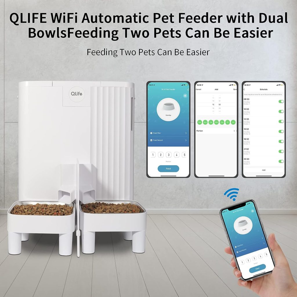 QLIFE Automatic Cat Dog Feeder: Dry Food Dispenser for Dog, Auto Pet Feeder, Portion Control Automatic Dog Feeder (White WiFi, 6L)