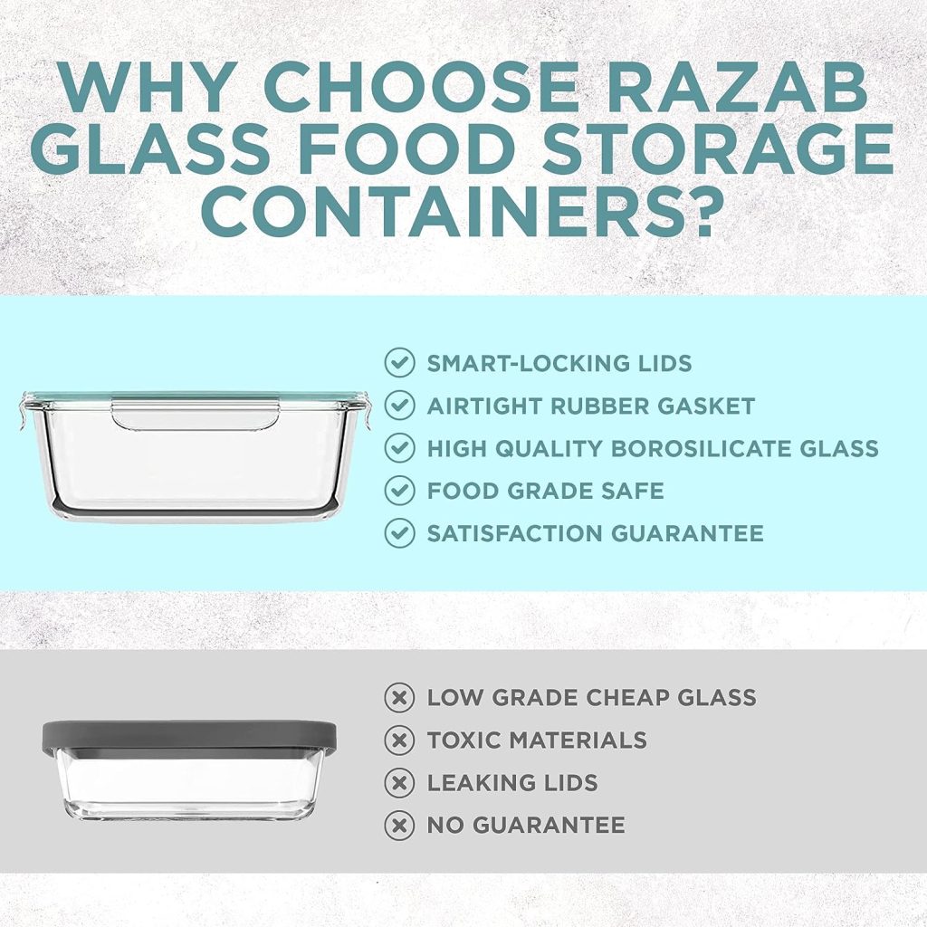 Razab 35 Pc Set Glass Food Storage Containers with Lids - Meal Prep Airtight Glass Bento Boxes BPA-Free 100% Leak Proof (15 lids,15 glass  5 Plastic Sauce/Dip Containers)