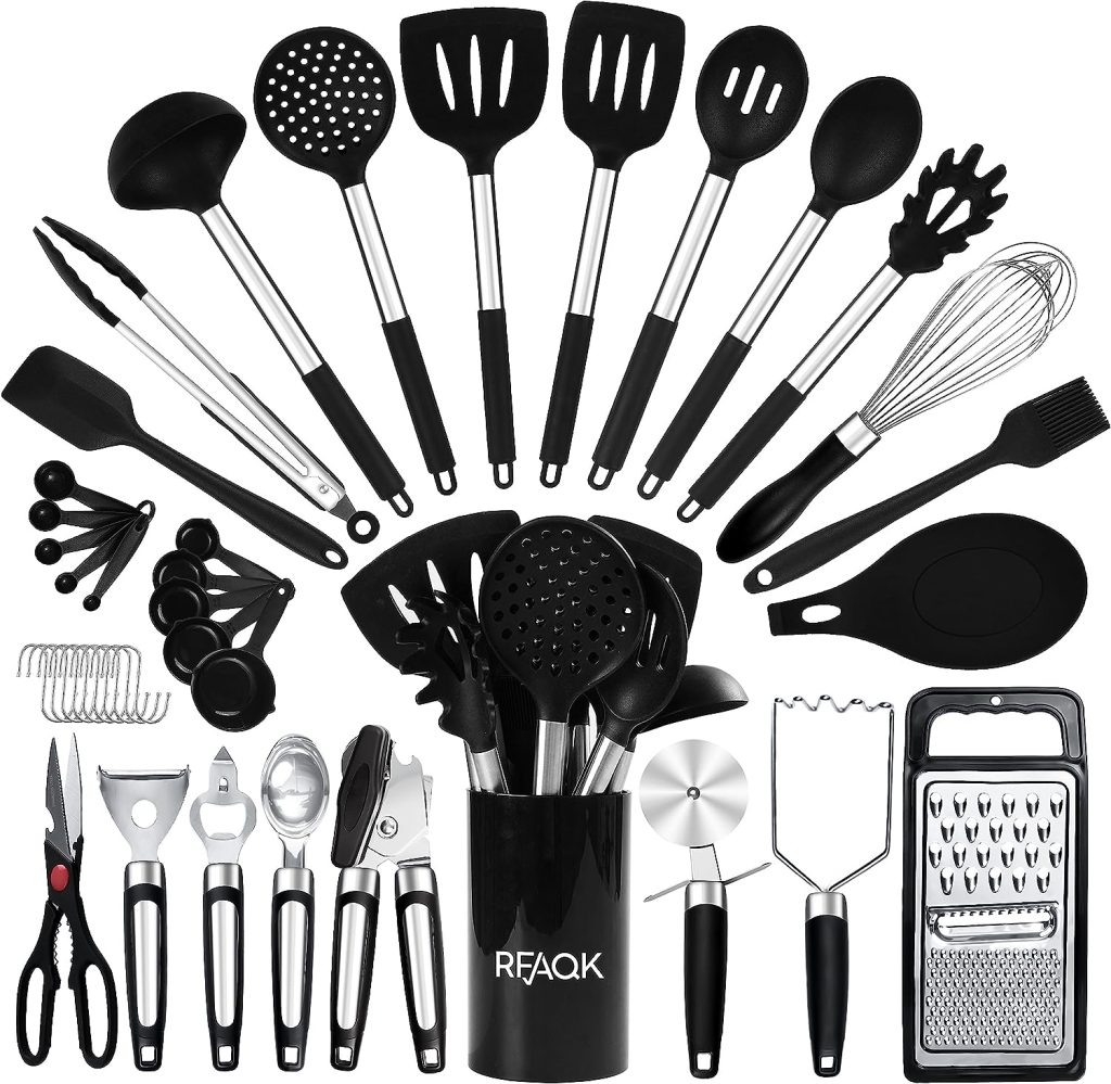 RFAQK Silicone Kitchen Cooking Utensil Set With Holder, 40PCs Heat Resistant Set for Nonstick Cookware, Kitchen Gadgets includes Can Opener, Potato Masher  Peeler, Tongs,spatulas,Pizza cutter  More