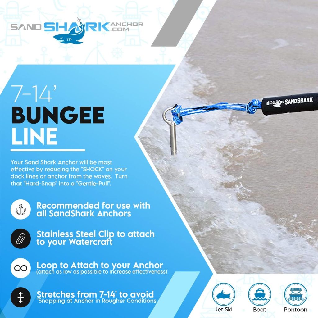 SandShark 7-14ft Premium Anchor Bungee Dock Line. Boat Accessories Bungee Anchor Line Absorbs Shock to Anchors and Docks w/Stainless Steel Clip. Designed for SandShark Anchor.