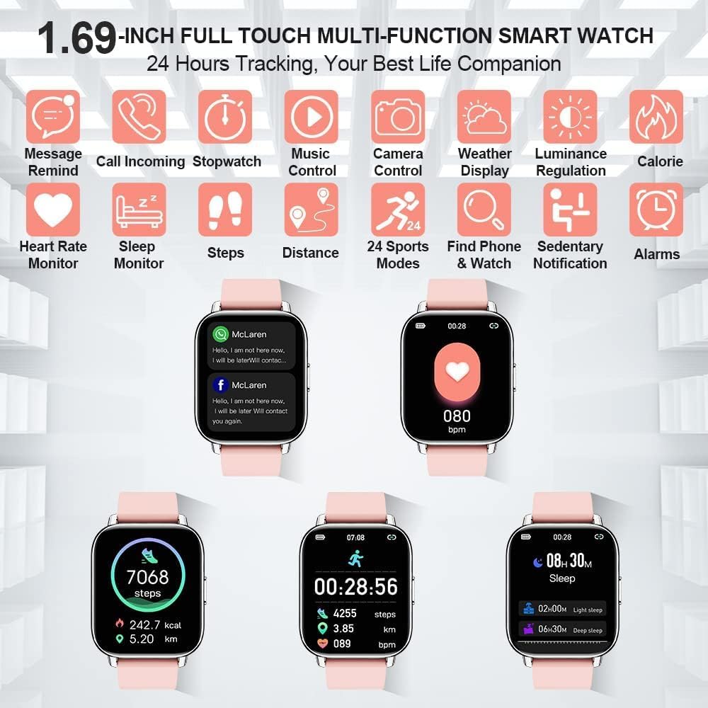 Smart Watch 2023, Fitness Tracker 1.69 Touch Screen Heart Rate Sleep Monitor, IP68 Waterproof Fitness Watch Smartwatch, 24 Modes, Pedometer Activity Trackers Smart Watch for Men Women for Android iOS
