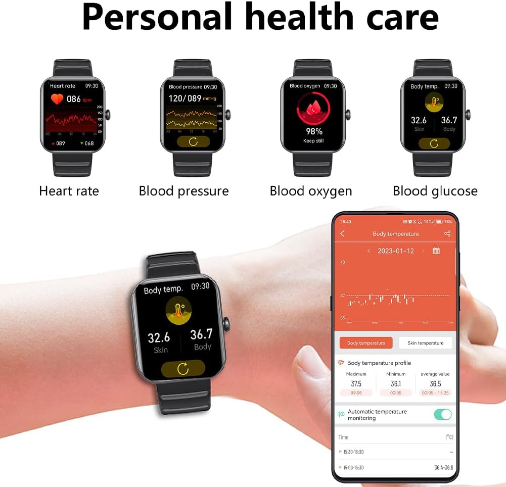 Smart Watch Blood Glucose, Smartwatch for Men Women Fitness Activity Tracker IP67 Waterproof, Heart Rate Sleep Monitor, Pedometer, Blood Sugar Oxygen Tracking Smart Watches for Android iOS, 2023