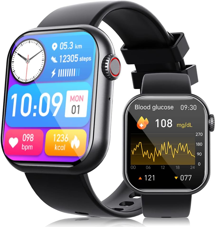 𝐁𝐥𝐨𝐨𝐝 𝐆𝐥𝐮𝐜𝐨𝐬𝐞 Smart Watch with Bluetooth Call for Men Women, Smartwatch Fitness Tracker Heart Rate Monitor Blood Sugar Oxygen Pressure Tracking for Android iOS Phones, IP67 Waterproof