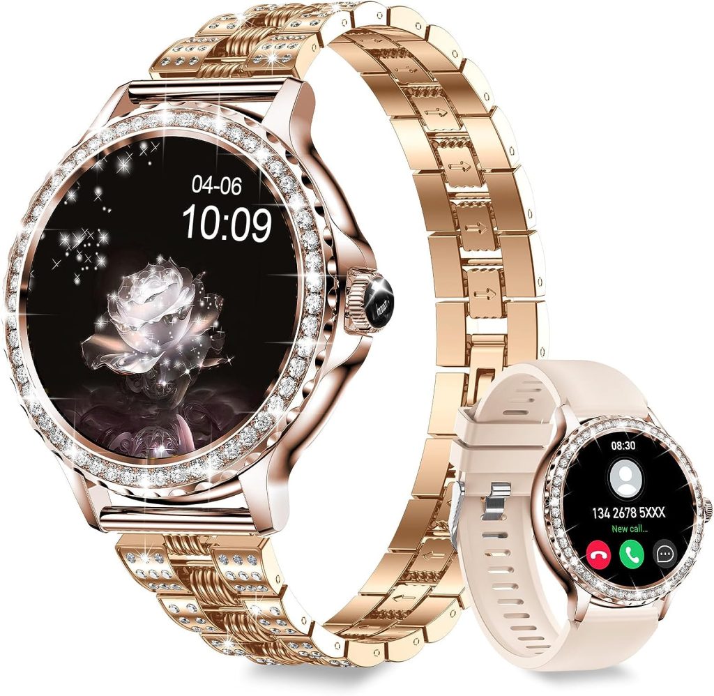 Smart Watches for Women (Answer/Make Call) with Diamonds, 1.3” HD Touch Screen Bluetooth Smartwatch for Android iOS Phones, Fitness Activity Trackers with Heart Rate/SpO2/BP/Sleep Monitor (Gold)