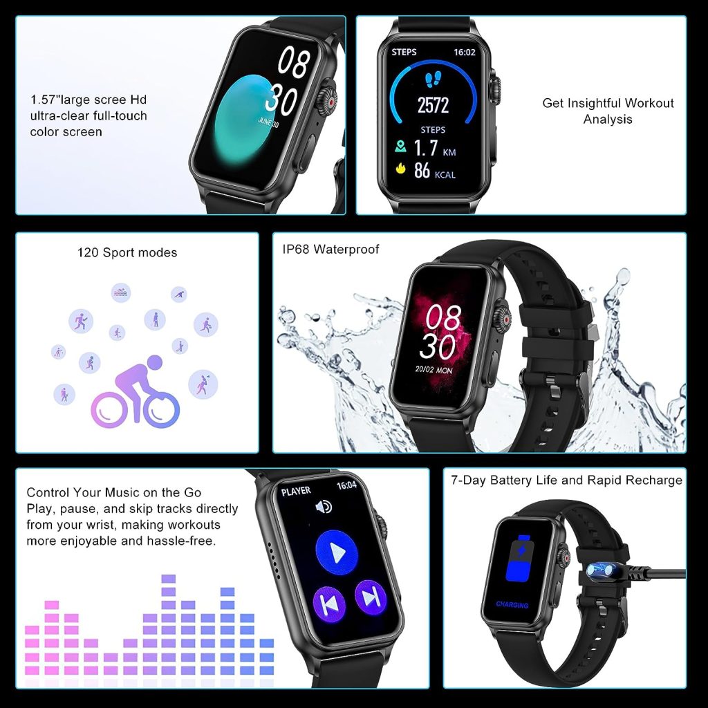 Smart Watches for Women Men with Call, Smart Watch Fitness Tracker With Blood Oxygen Blood Pressure and Sleep Monitor, 1.57 Full Touch Screen IP68 Waterproof, for Android IOS Phone(with 2 bands)