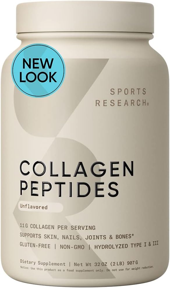 Sports Research Collagen Peptides - Hydrolyzed Type 1  3 Collagen Powder Protein Supplement for Healthy Skin, Nails,  Joints - Easy Mixing Vital Nutrients  Proteins, Collagen for Women  Men