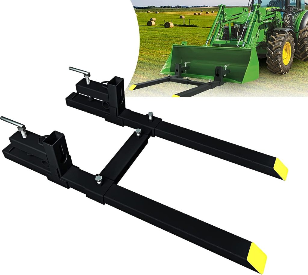 Sulythw Clamp On Pallet Forks, 43” Total Length 2000lbs Pallet Forks for Tractor Bucket with Adjustable Stabilizer Bar, Heavy Duty Pallet Forks for Tractor Attachments, Skid Steer, Loader Bucket