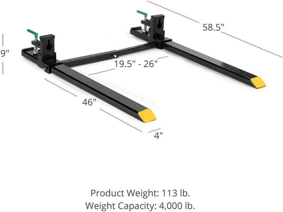 Titan Attachments Medium-Duty 60 Clamp-on Pallet Forks with Adjustable Stabilizer Bar, 46 x 4 Fork Length, Rated 4,000 LB, Easy to Install on Loader or Skid Steer Bucket