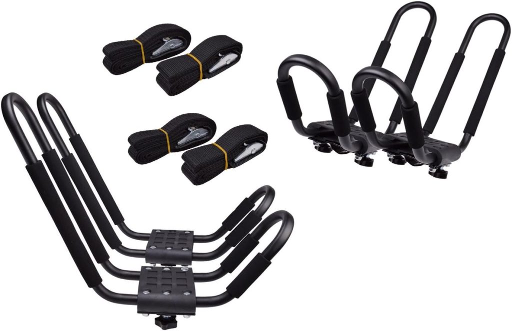 TMS Kayak Roof Racks for 2 Kayaks - Dual Universal Fit Carriers Include Two Sets of Straps for Cars, Trucks and SUVs - Easy to Mount J-Bar Style Carriers for Kayaks Canoes Paddleboards and Surfboards