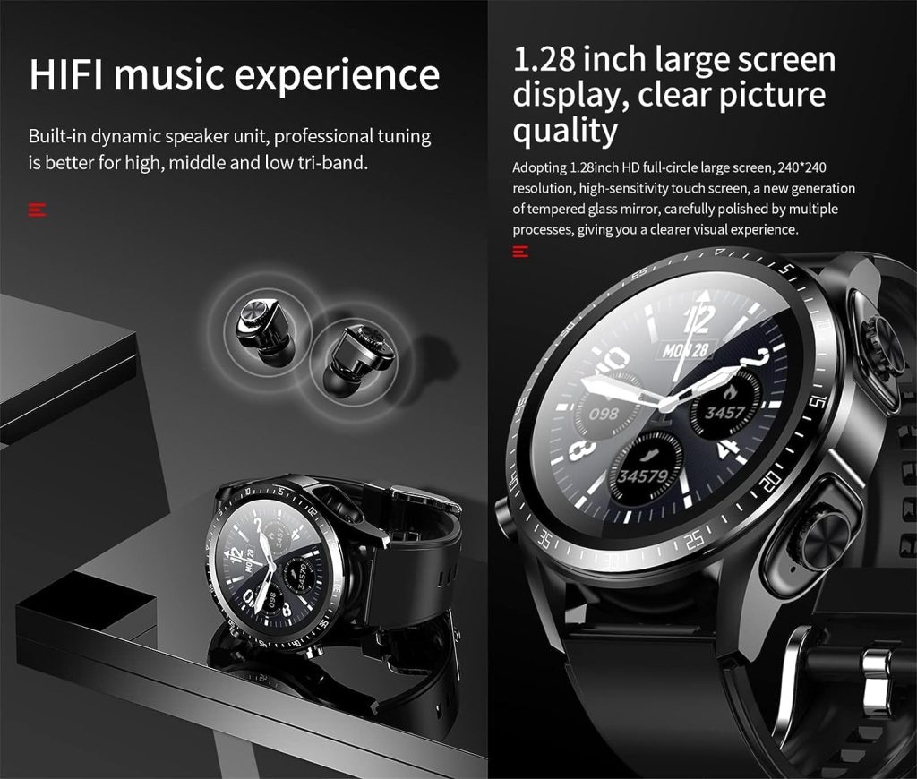 Tuanzi JM03 2 in 1 Smart Watch with Earbuds 1.28 Smartwatch TWS HiFi Stereo Wireless Headset Combo Bluetooth Phone Call for Android iOS(Black)