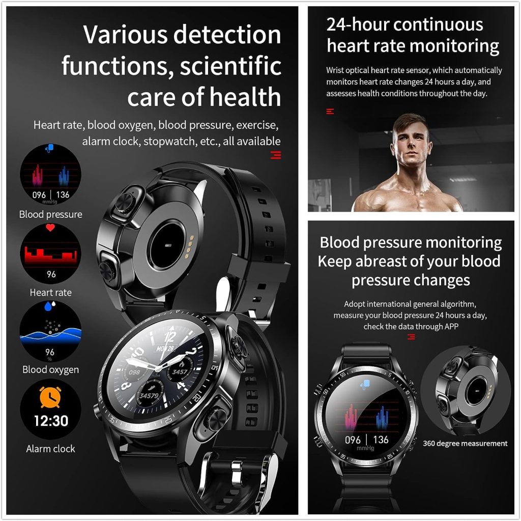 Tuanzi JM03 2 in 1 Smart Watch with Earbuds 1.28 Smartwatch TWS HiFi Stereo Wireless Headset Combo Bluetooth Phone Call for Android iOS(Black)