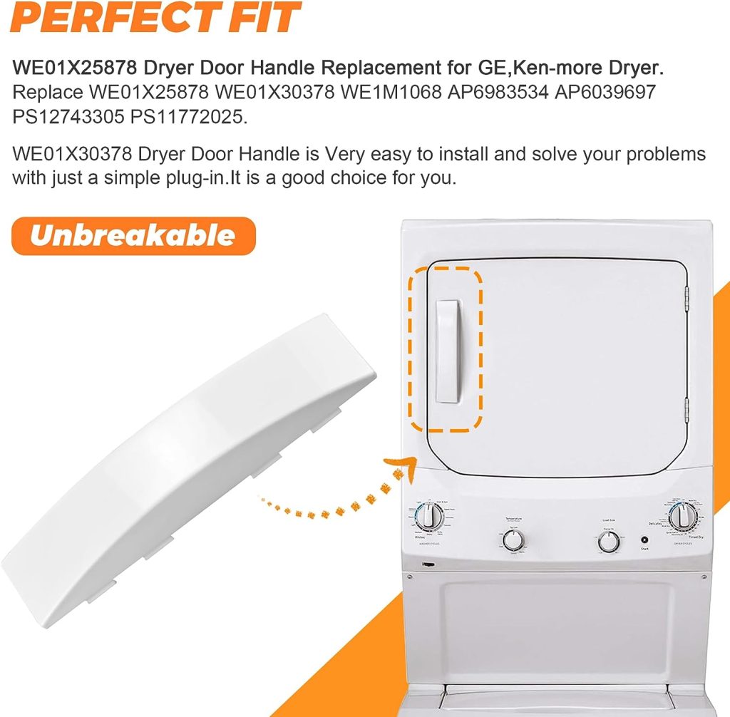 Upgrade WE01X30378 WE1M1068 Dryer Door Handle Replacement by Blutoget - Unbreakable - Compatible with GE Ken-more Dryers - Stackable Dryer Door Handle - Replaces WE01X30378 PS1177202 WE01X25878