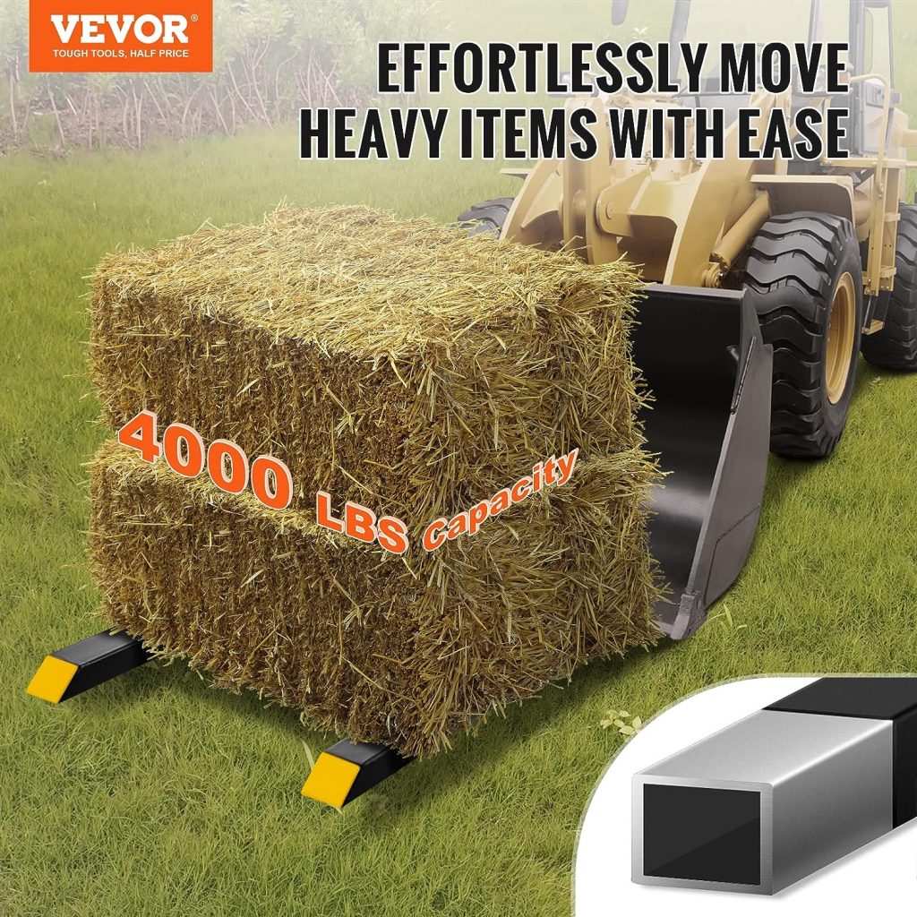 VEVOR 60 4000 lbs Heavy Duty Pallet Forks with Adjustable Stabilizer Bar for Loader Bucket Skid Steer Tractor, Black