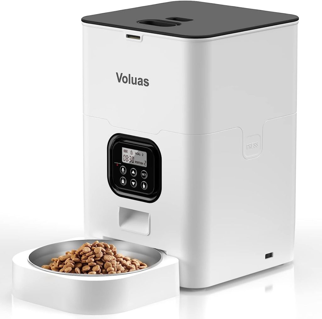 VOLUAS Automatic Cat Feeders - Automatic Pet Feeders for Cats and Dogs, Dry Food Dispenser with Desiccant Bag, Timed Cat Feeder, Programmable Portion Size Control 4 Meals Per Day, 10s Voice Recorder
