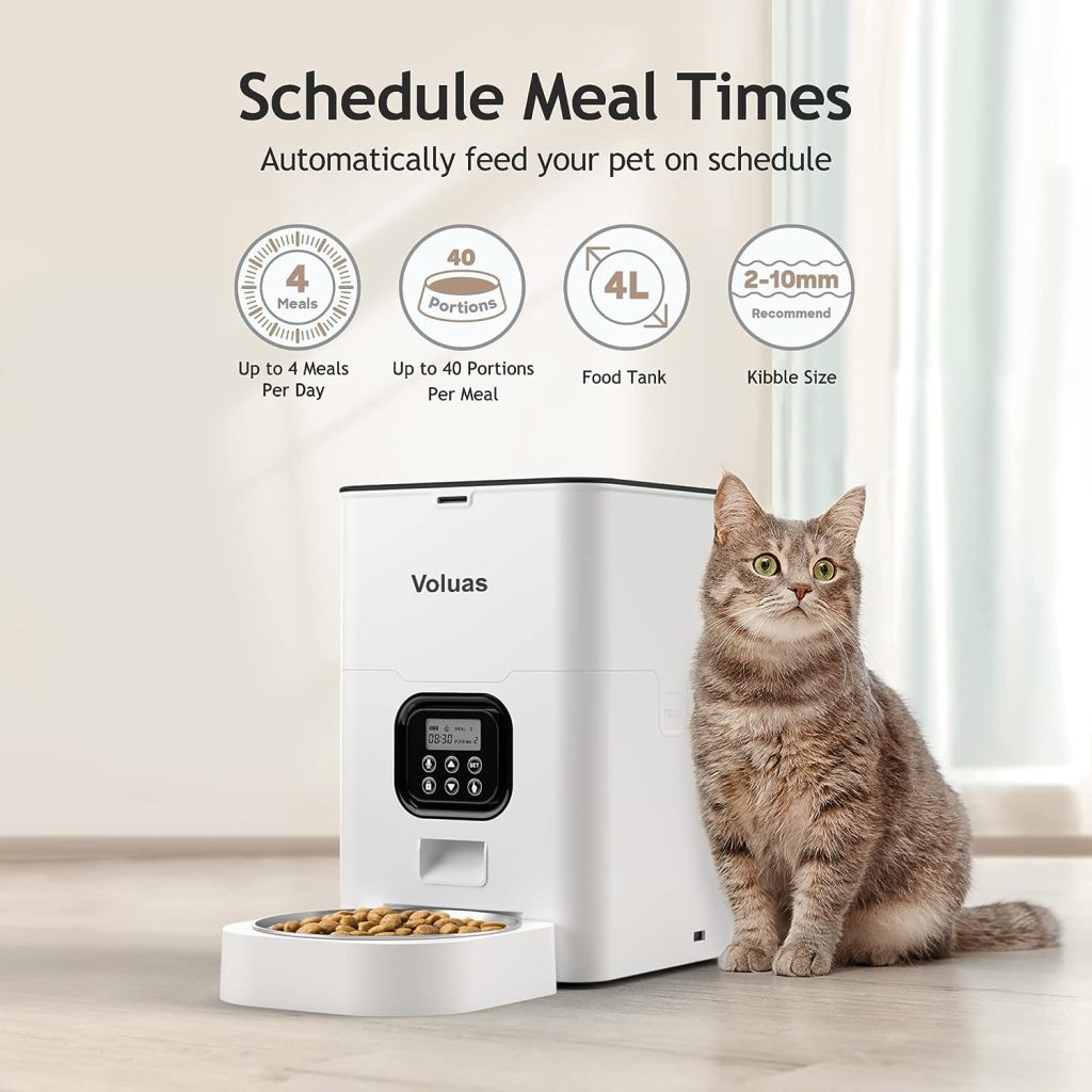 VOLUAS Automatic Cat Feeders - Automatic Pet Feeders for Cats and Dogs, Dry Food Dispenser with Desiccant Bag, Timed Cat Feeder, Programmable Portion Size Control 4 Meals Per Day, 10s Voice Recorder