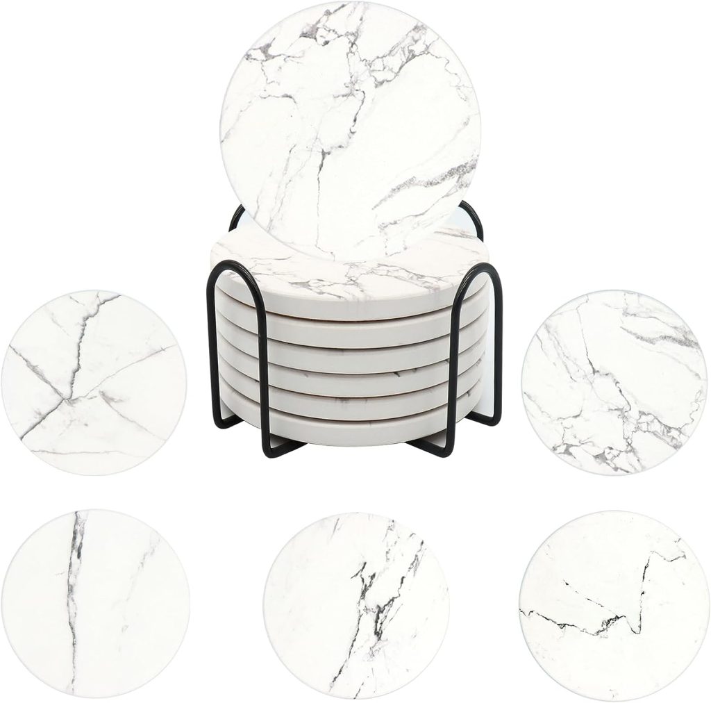 WaoDoing Coasters for Drinks, Absorbent Coaster Sets of 6, Ceramic Drink Coaster for Tabletop Protection, Housewarming Gift for Home Decor, 4 Inch (Marble)