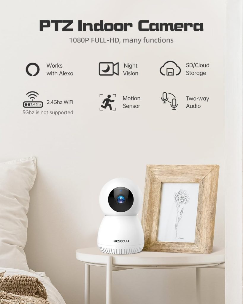 WESECUU Indoor Camera, Baby Monitor with Camera and Audio, Smart Pan Tilt Pet Cameras for Home Security, 2-Way Talk, Works with Alexa, Night Vision, Auto Tracking, Motion Detection