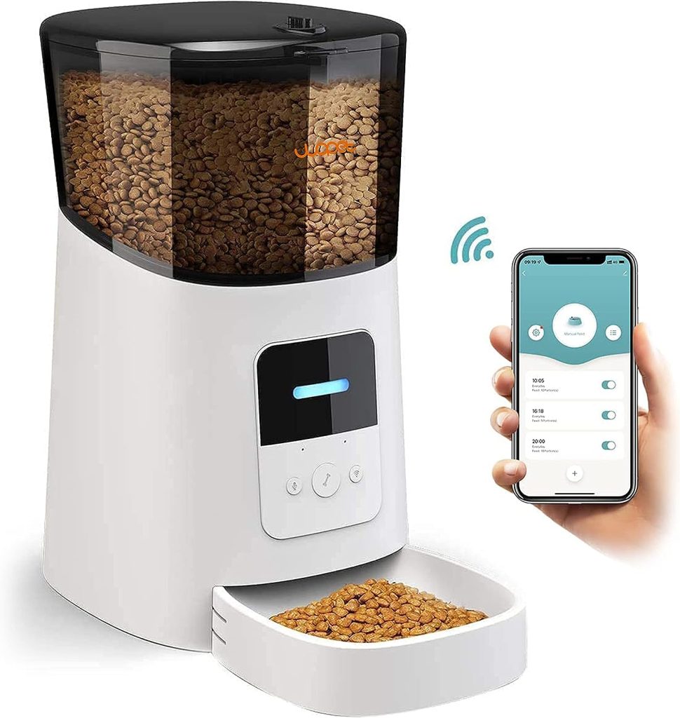 WOPET 6L Automatic Cat Feeder, Wi-Fi Enabled Smart Pet Feeder for Cats and Dogs, Auto Dog Food Dispenser with Portion Control, Distribution Alarms and Voice Recorder Up to 15 Meals per Day