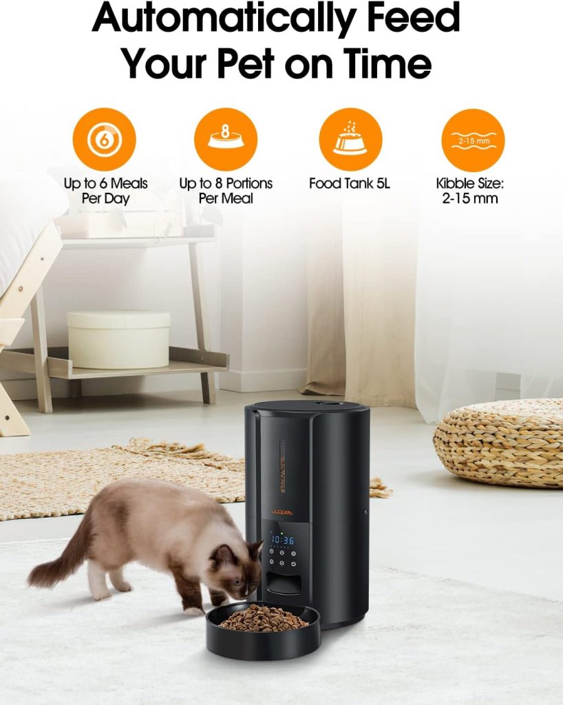WOPET Automatic Cat Feeders, 5L Timed Cat Feeder 6 Meals Daily with Portion Control, Automatic Pet Feeders with Timer for Small Medium Dog  Cat, Auto Dry Cat Food Dispenser with Dual Power Supply