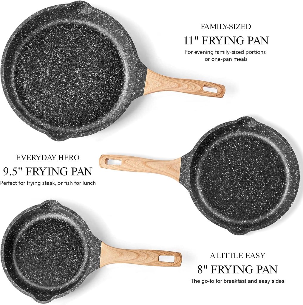 YIIFEEO Non Stick Frying Pan Set - Granite Skillet Set with 100% PFOA  PTFE Free, Induction Egg Omelette Pans for Cooking Pan Set, Cookware Set Nonstick Pots and Pans Set Gift for Women(8 9.5 11)